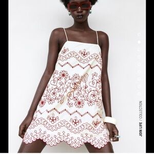 Zara Embroidered Red & White Floral Slip Dress